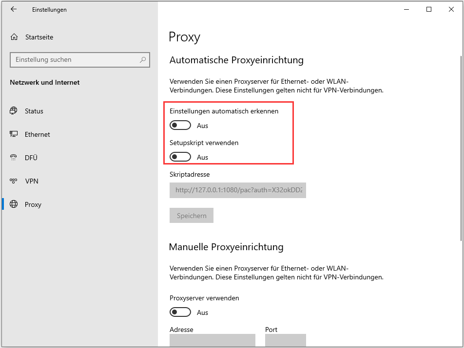 Proxy in den Einstellungen deaktivieren