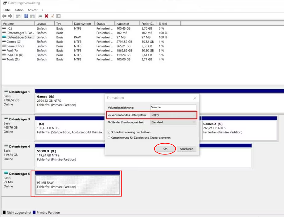 Formatieren des Raw dateisystems