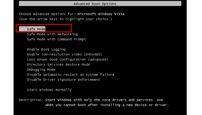 F8 drücken und Abgesicherter Modus wählen