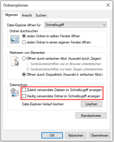 Den Schnellzugriff im Datei-Explorer deaktivieren