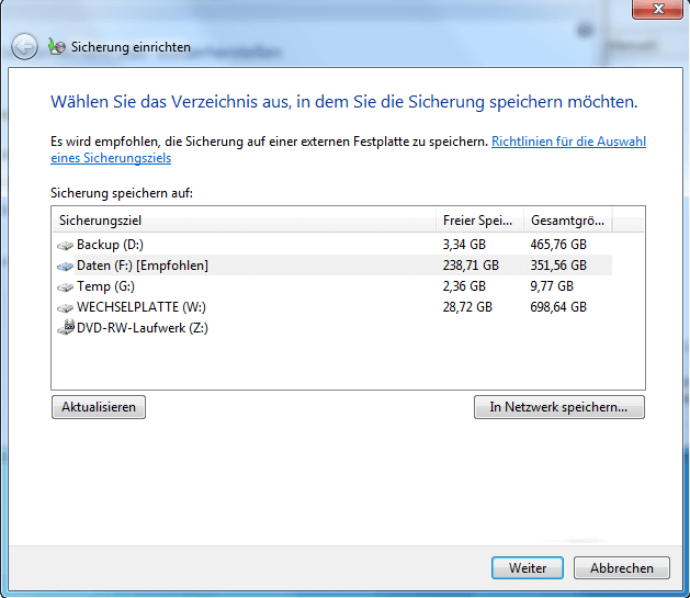 Sicherung einrichten - Schritt 2