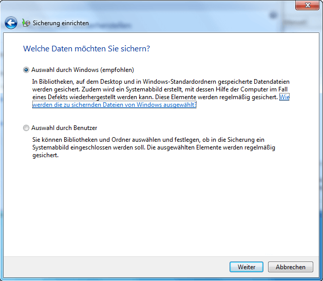 Wählen Sie aus, was gesichert werden soll