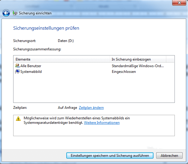 Überprüfen Sie die Backup-Einstellungen in Windows 7