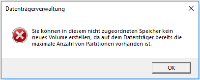 Fehlermeldung - Sie können kein neues Volume erstellen