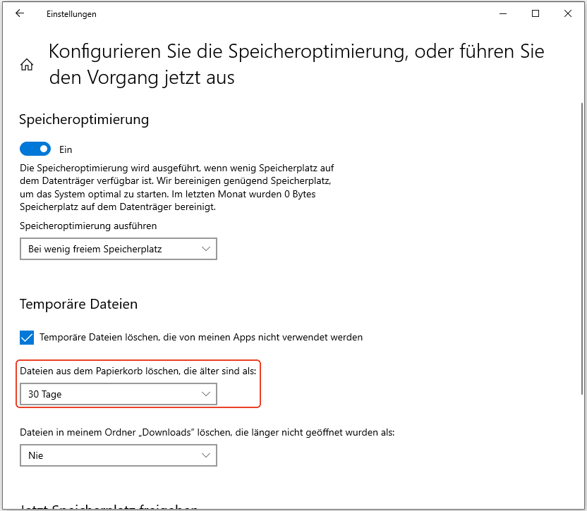 Papierkorb mit der Windows-Funktion automatisch leeren - Schritt 2