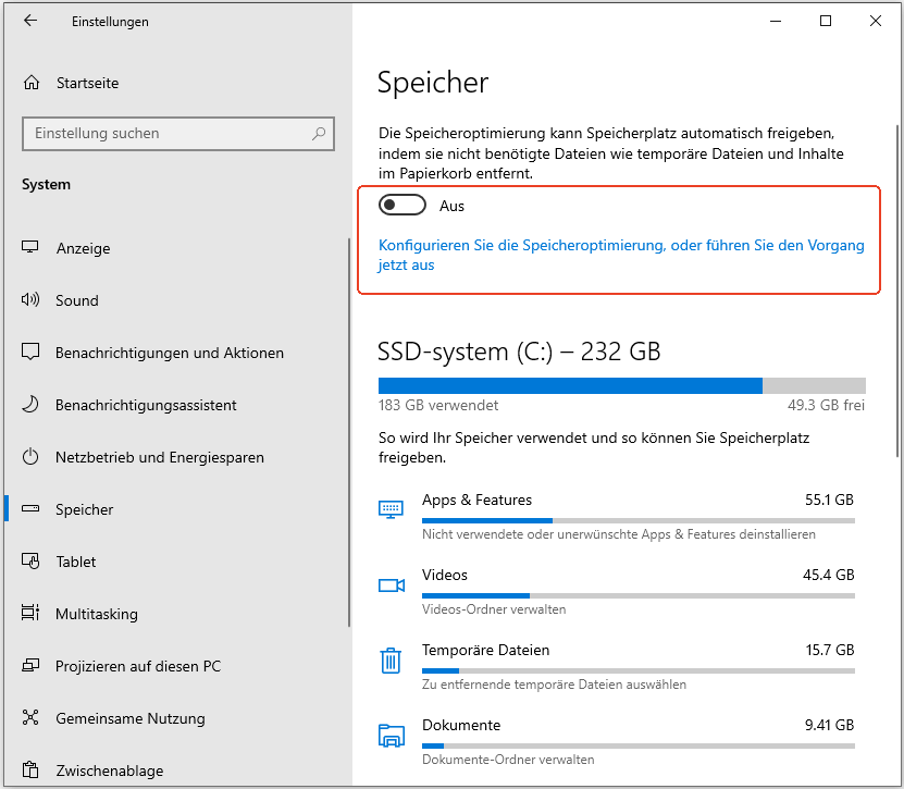 Die automatische Speicherplatz-Freigabe in Windows deaktivieren - Schritt 1