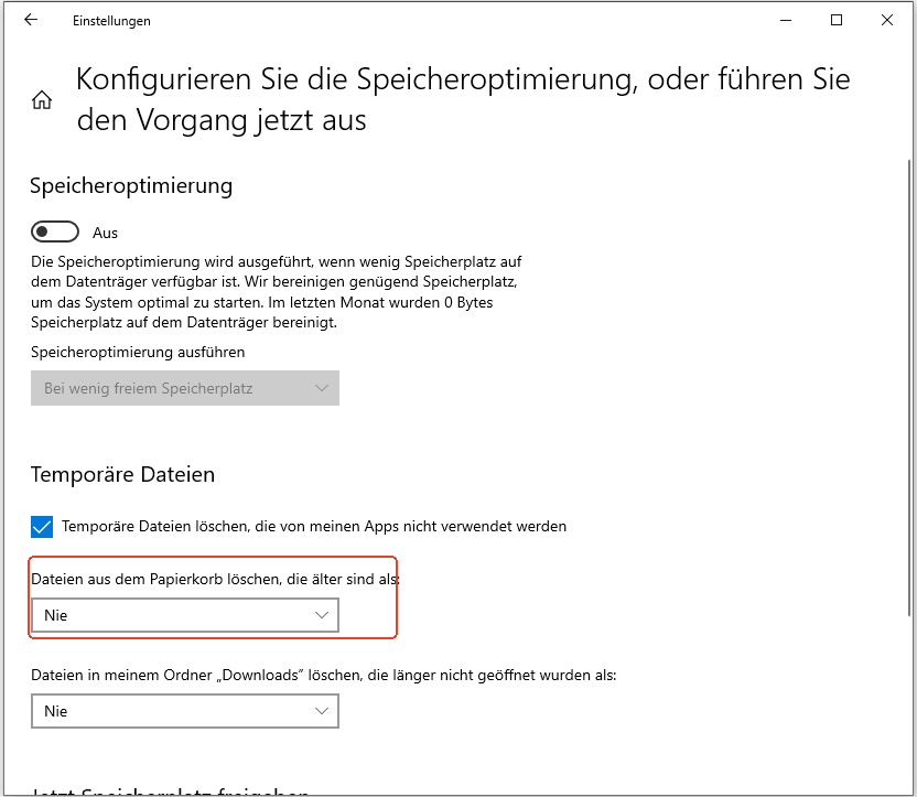 Die automatische Speicherplatz-Freigabe in Windows deaktivieren - Schritt 2