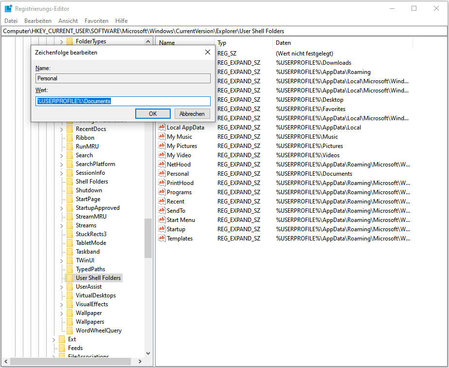 Benutzerordner auf ein anderes Laufwerk über Registrierungseditor verschieben