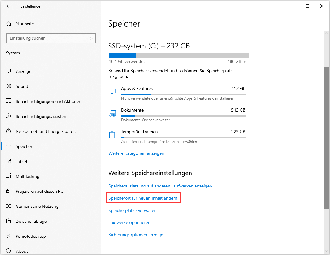 Speicherort für neuen Inhalt ändern