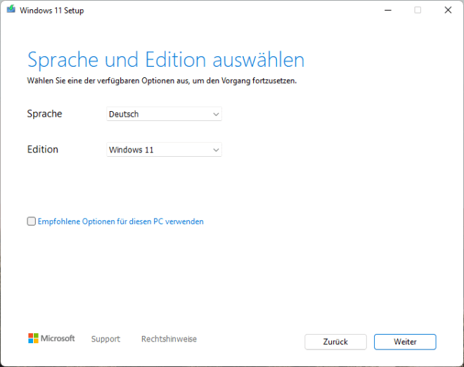 Windows 11 Sprache und Edition auswählen