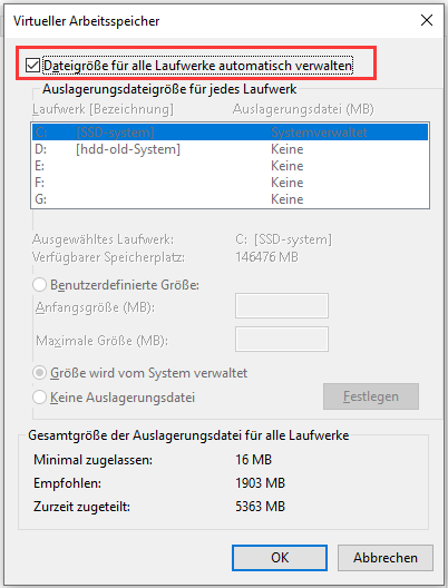 Dateigröße für alle Laufwerke automatisch verwalten - Schritt 3
