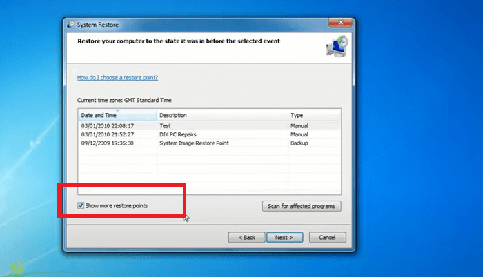 auf Mehr Wiederherstellungspunkt anzeigen klicken