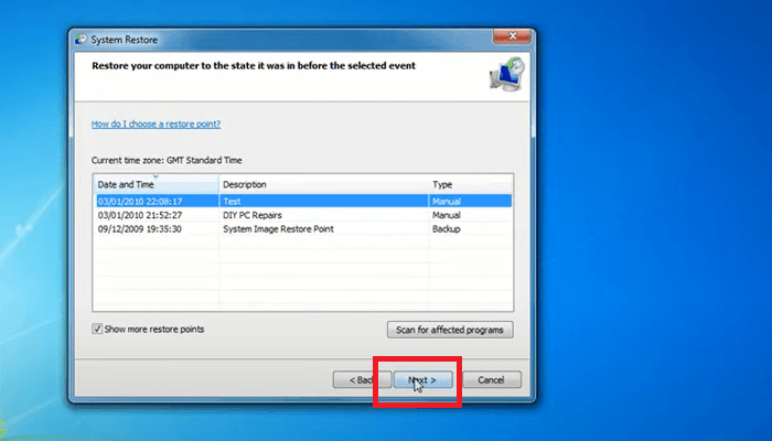 Systemwiederherstellung auswählen und auf Weiter klicken