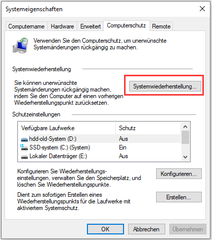 Systemwiederherstellung auwählen