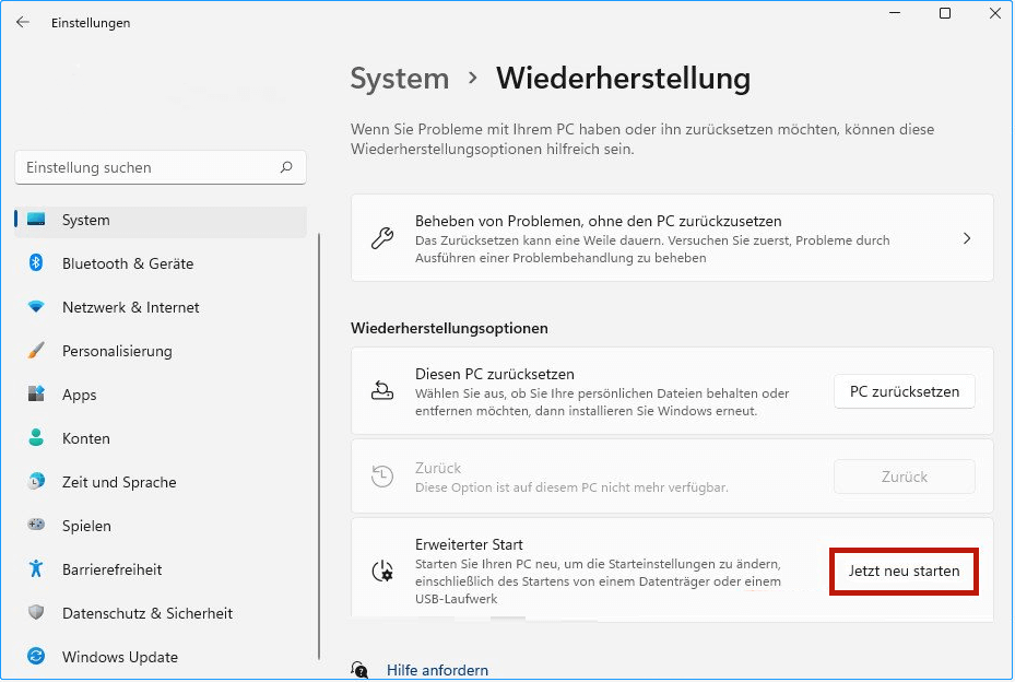 Systemwiederherstellungsschnittstelle
