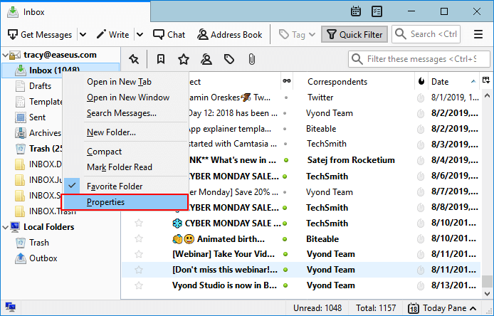 Thunderbird Posteingangsordner Eigenschaften öffnen