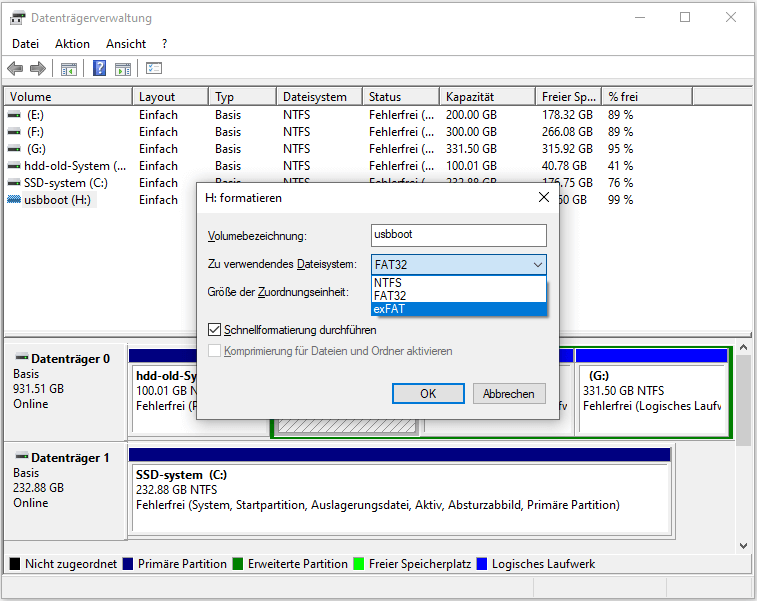 USB-Stick mit der Datenträgerverwaltung zu exFAT formatieren