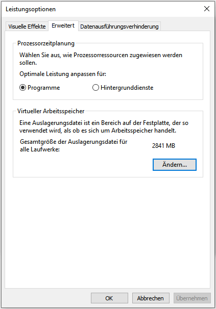 Größe des virutellen Speichers ändern