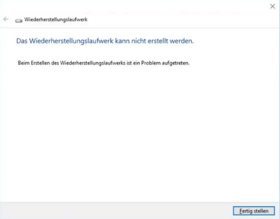 Das Wiederherstellungslaufwerk kann nicht erstellt werden