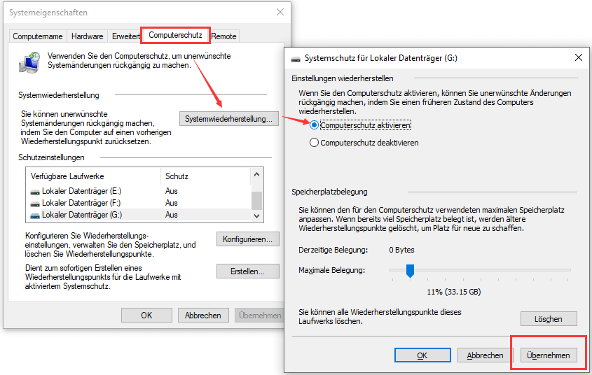 wie man die Systemwiederherstellung von Windows 10 aktiviert