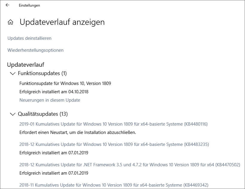 Liste von Windows 10 Updateverlauf