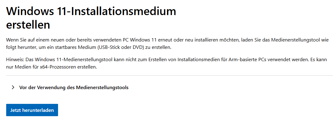 Windows 11 Installationsmedium herunterladen