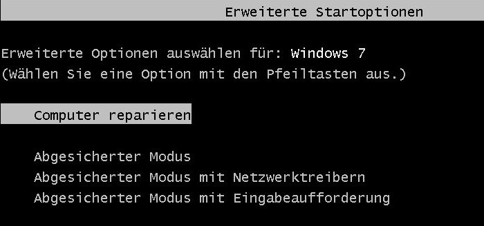 Drücken Sie F8 und wählen Computer reparieren