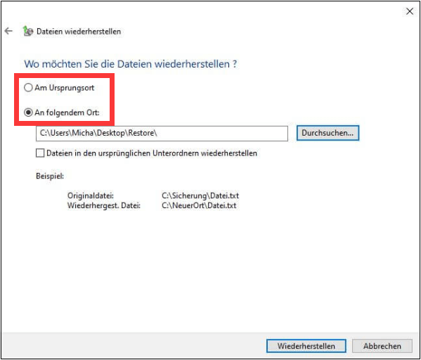 Am Ursprungsort wiederherstellen
