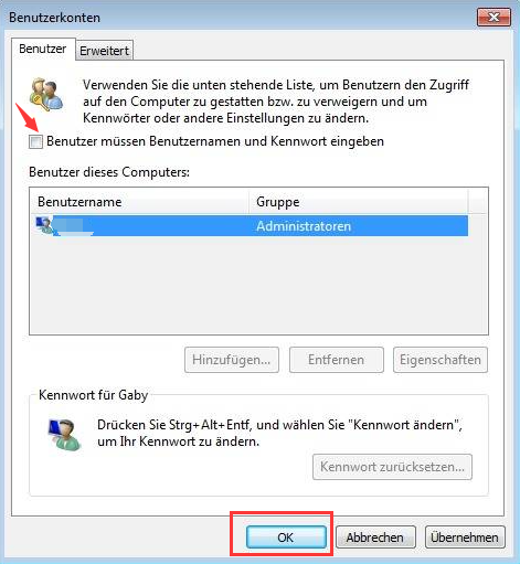 Entfernen Sie das Passwort über das Kontopanel