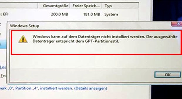 Windows kann auf dem Datenträger nicht installiert werden GPT