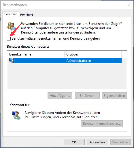 Das Anmeldepasswort durch die Änderung der Einstellungen entfernen - Schritt 2