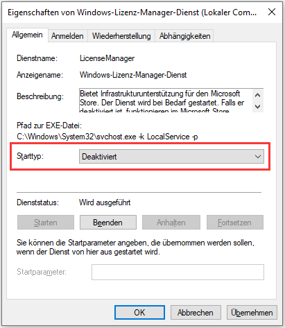Den Starttyp zu Deaktiviert ändern