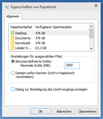 Papierkorb Eigenschaften