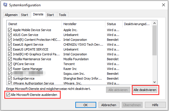 Alle Microsoft-Dienste ausblenden