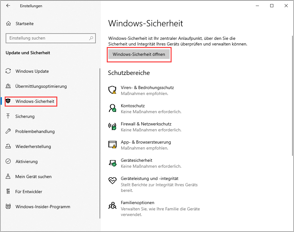 Windows Sicherheit öffnen