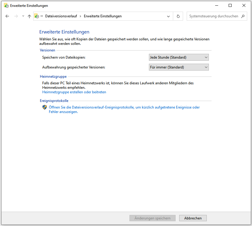Dateiversionsverlauf erweiterte Einstellungen