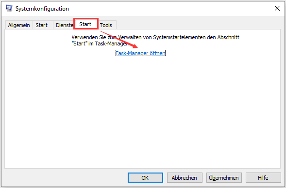 Öffnen des Task-Managers über die Systemkonfiguration