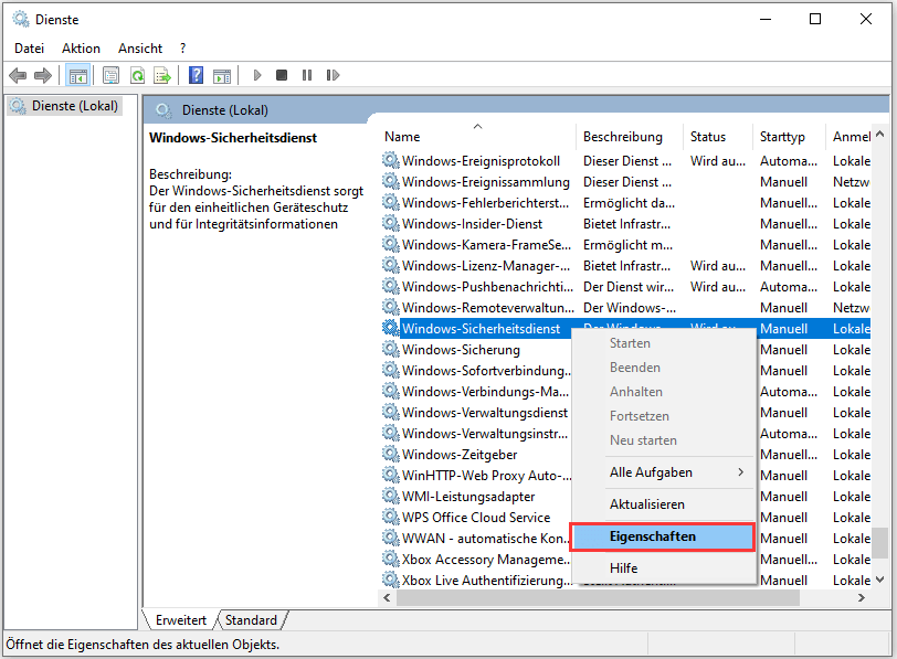 Öffnen der Eigenschaften von Windows Backup