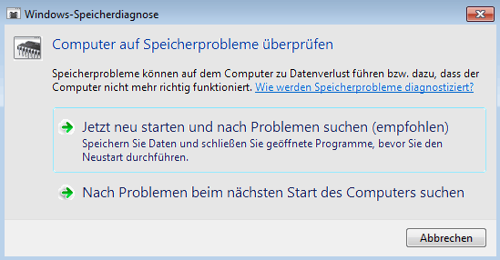 Jetzt neu starten und nach Problemen suchen (empfohlen)