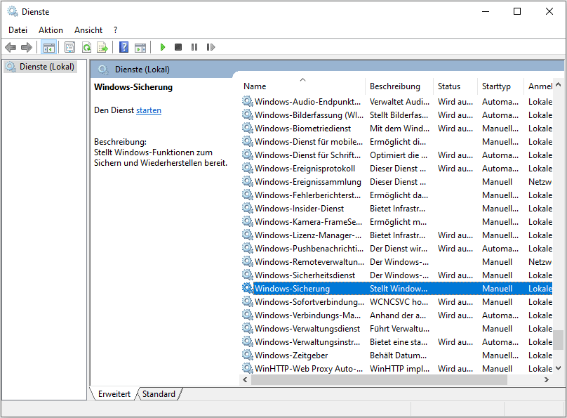 Windows-Sicherung finden