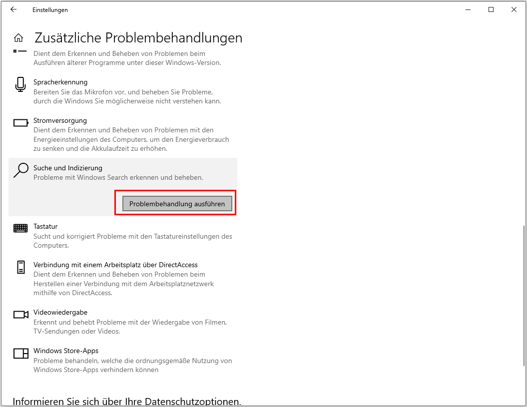 Windows Suche Problembehandlung ausführen
