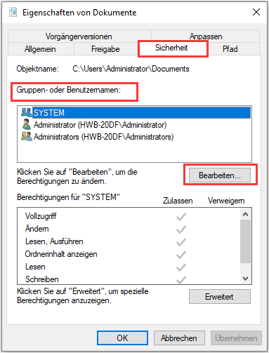 Die Berechtigungen zu dem Ordner erhalten - Schritt 2