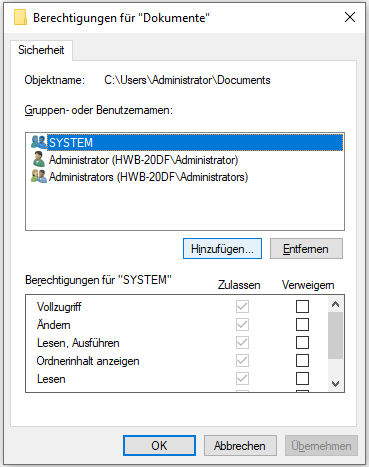 Die Berechtigungen zu dem Ordner erhalten - Schritt 4