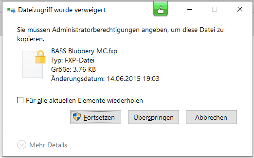 Fehlermeldung: Sie müssen Administratorberechtigungen angeben, um diese Datei zu kopiere