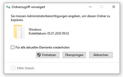 Fehlermeldung: Sie müssen Administratorberechtigungen angeben, um diesen Ordner zu kopiere