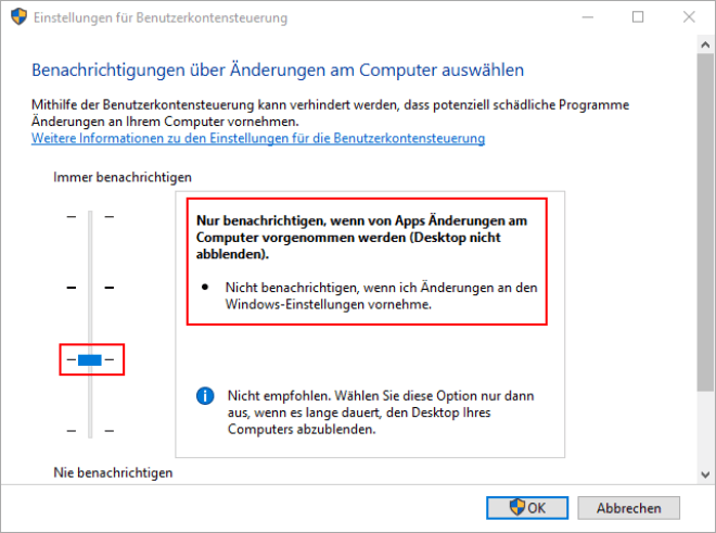 Nur benachrichtigen, wenn von Apps Änderungen am Computer vorgenommen werden