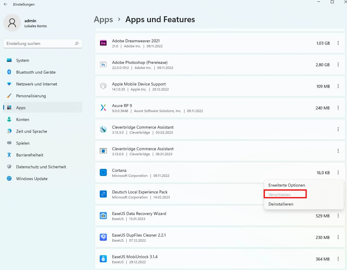 wählen Sie die Zielanwendung und klicken Sie auf 'Verschieben'.