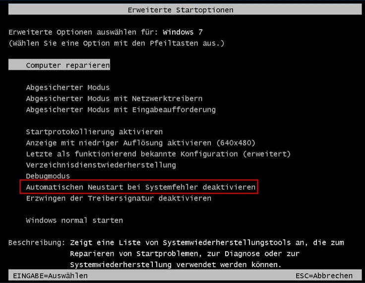 automatischen neustart bei systemfehler deaktivieren