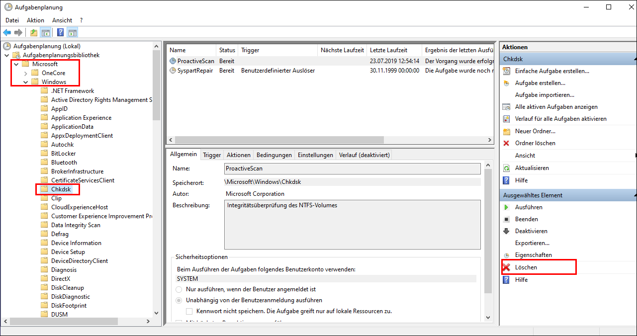 Geplaten CHKDSK-Befehl in der Aufgabenplanung löschen