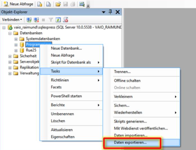 SQL Server Datenbank Daten exportieren - Schritt 1